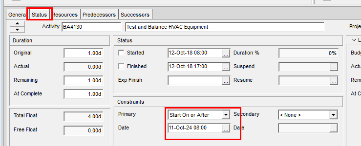 Activity Constraints in the Status Tab