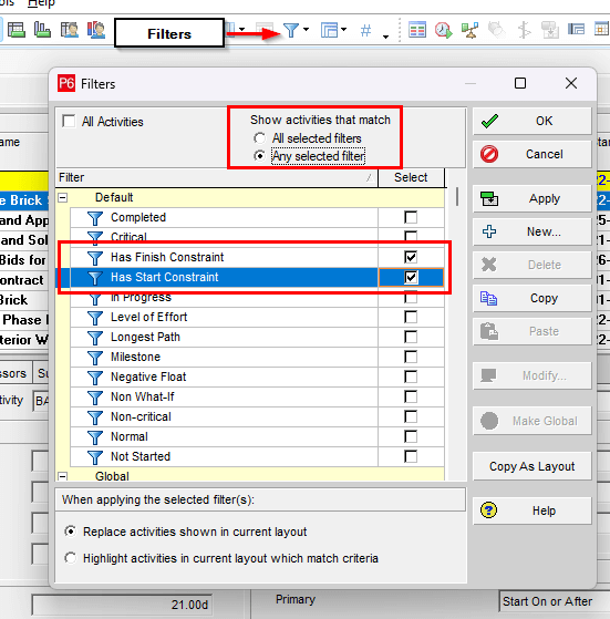 Filtering for Constrained Activities in Primavera P6