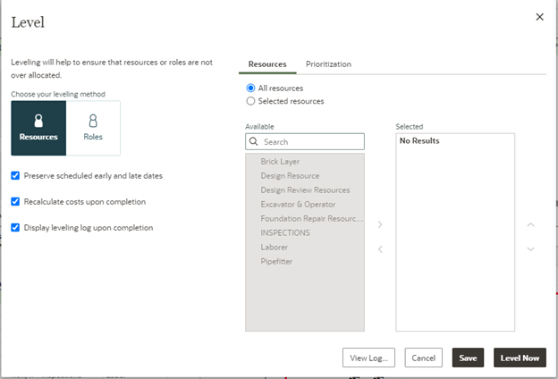 Level dialogue in OPC – Resources Tab