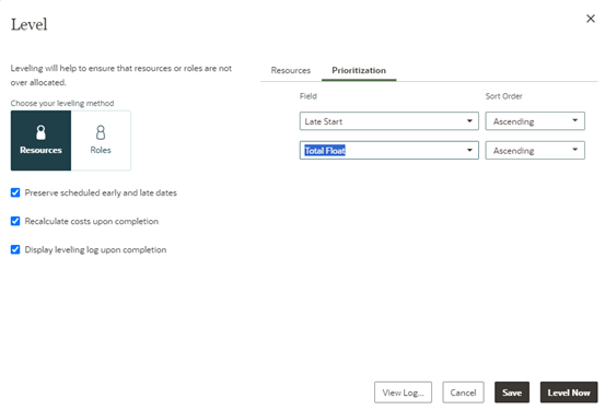 Level dialogue in OPC – Resources Tab 2