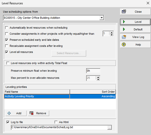 Level Resources Dialogue in P6 Client