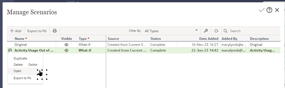 OPC Schedule Scenarios - Access Scenario Functionality