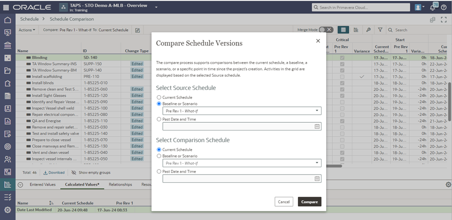 OPC Schedule Scenarios - Compare Schedule Versions