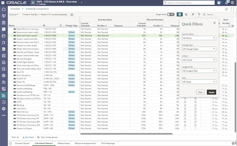 OPC Schedule Scenarios - Focus on Specific Elements of Schedule Comparison