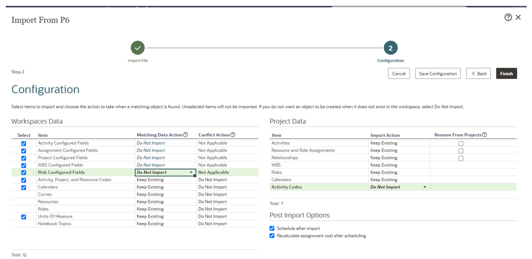 Exclude Codes and Configured Fields when Importing P6 XML/XER Files