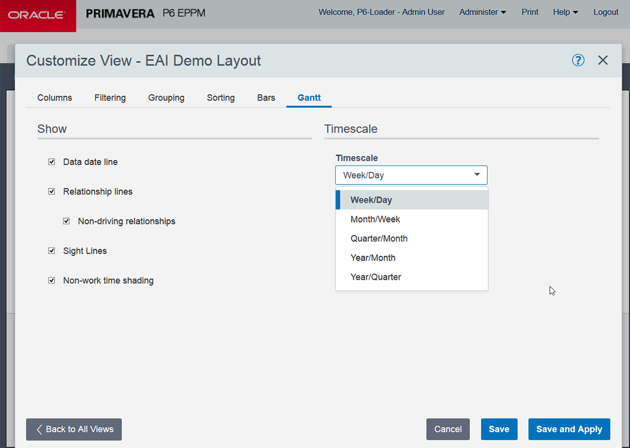For the Activities Gantt, select your